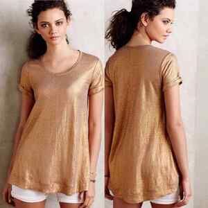 Anthropologie Bordeaux Shimmery Gold Short Sleeve Linen Scoop Neck Swing Top XS
